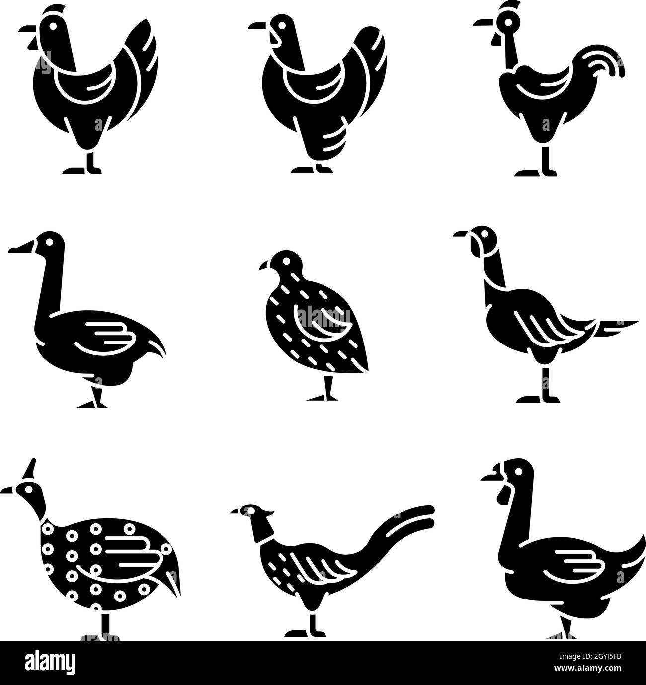 Domesticated birds black glyph icons set on white space Stock Vector ...