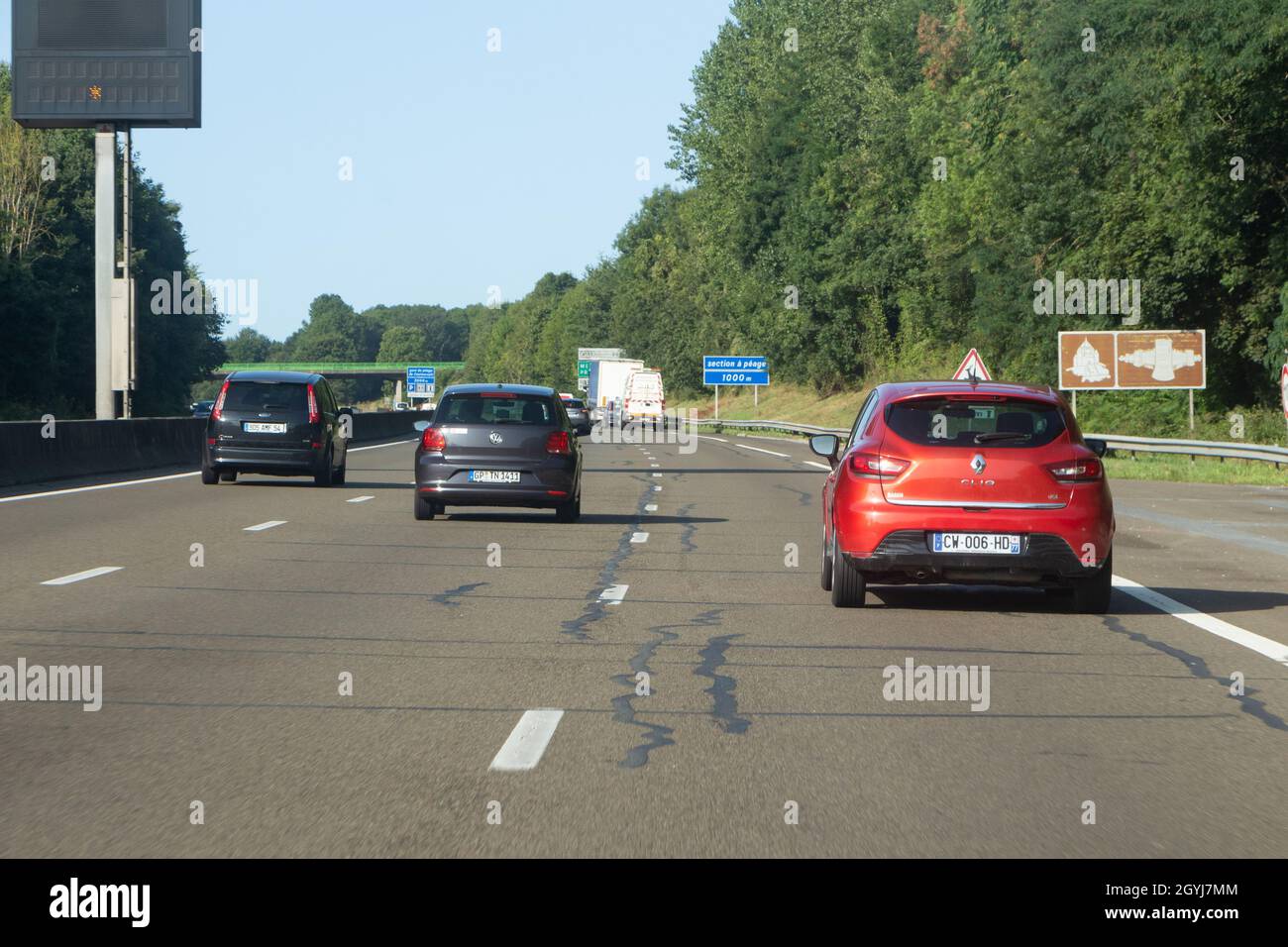 Melun – France, August 19, 2019 : Fiat, Volkswagen, Renault cars on the highway Stock Photo