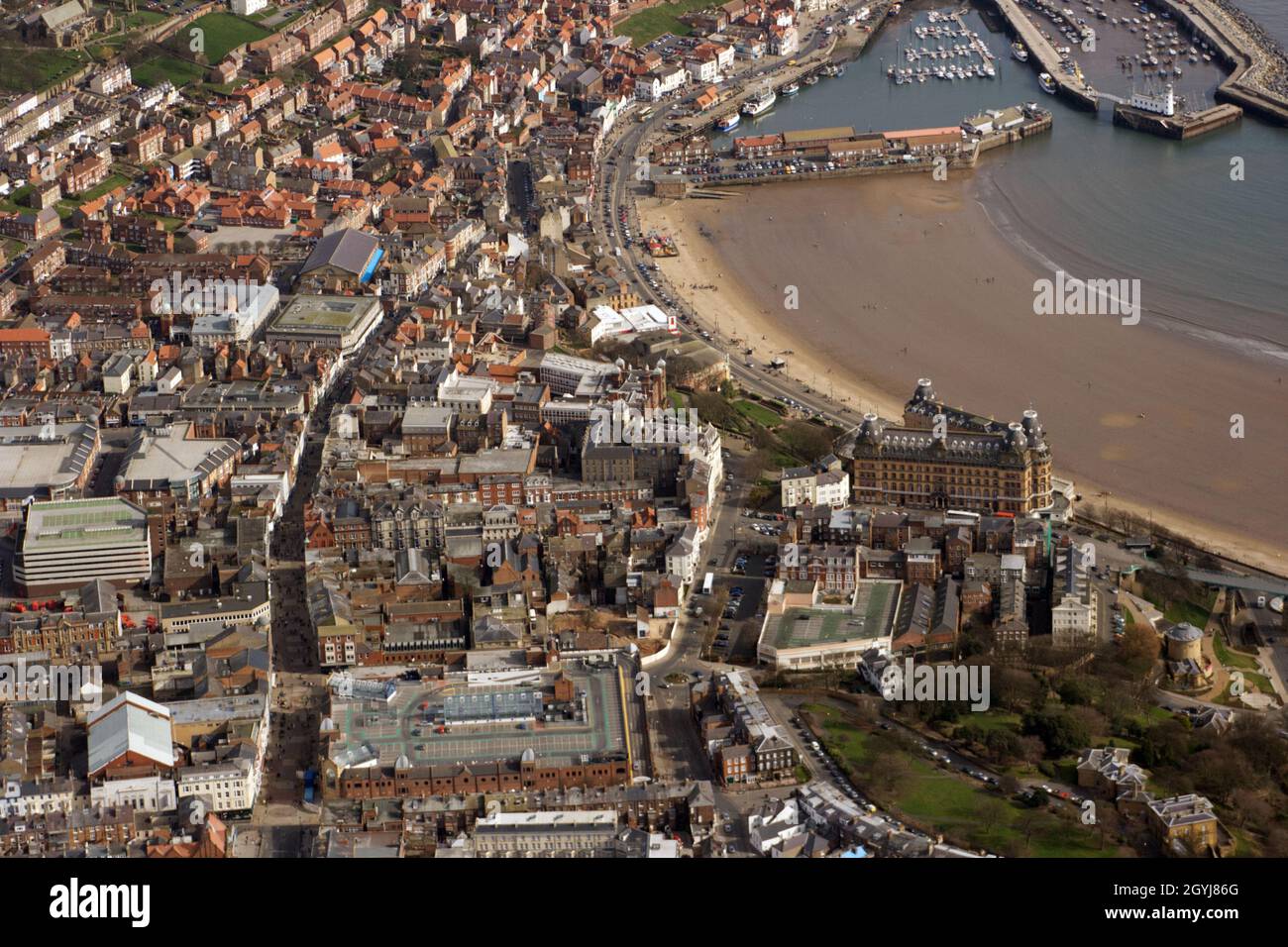 Aerial photo of Scarborough town centre and seafront  showing lighthouse and harbour Stock Photo