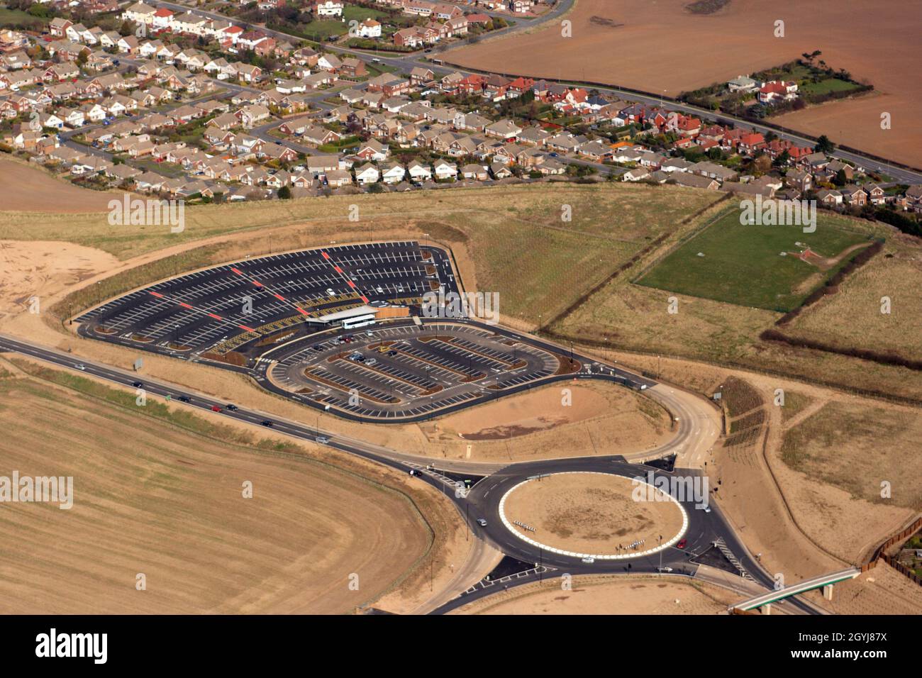 Aerial photo of newly built Park and Ride scheme car park on the