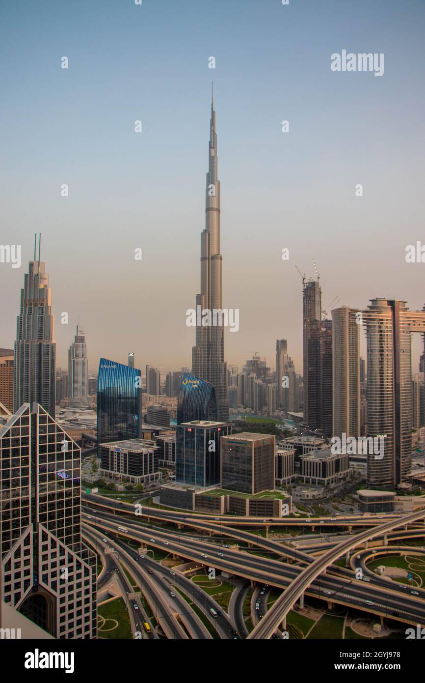 Downtown Dubai Burj Khalifa evening in to night Stock Photo