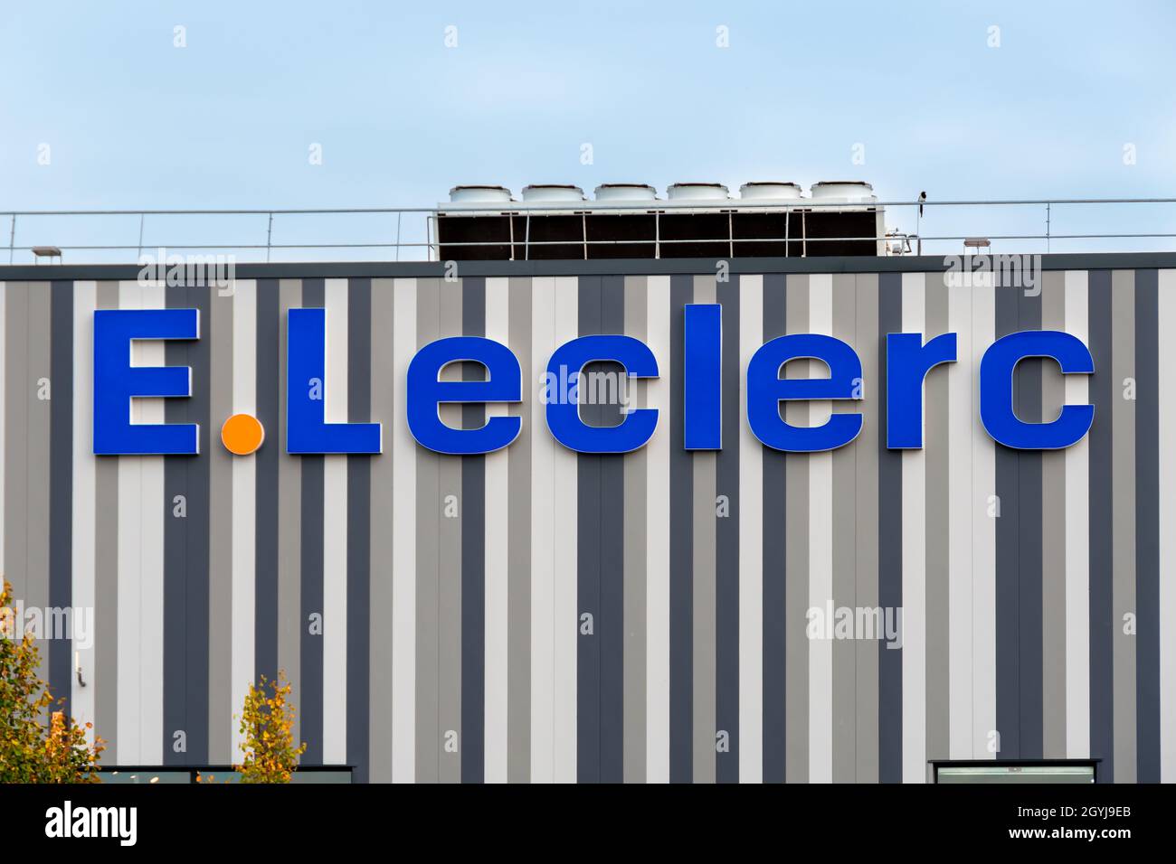 Sign and logo on the facade of an E. Leclerc shopping center and hypermarket Stock Photo