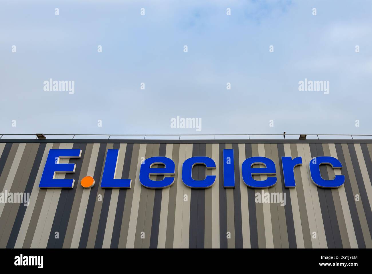 Sign and logo on the facade of an E. Leclerc shopping center and hypermarket Stock Photo