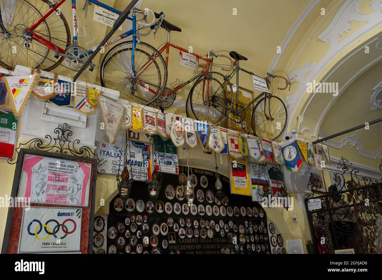 Europe, Italy, Lombardy, Province of Como, Magreglio, Sanctuary of the Madonna del Ghisallo, patron saint of cyclists. The church collects memorabilia Stock Photo