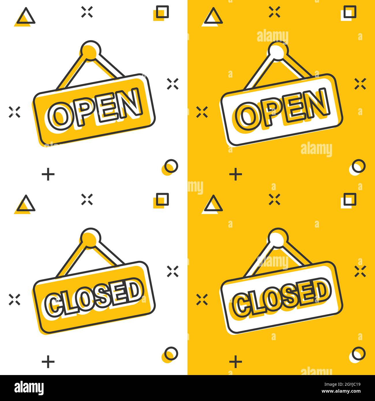 Open, closed sign icon in comic style. Accessibility cartoon vector illustration on white isolated background. Message splash effect business concept. Stock Vector