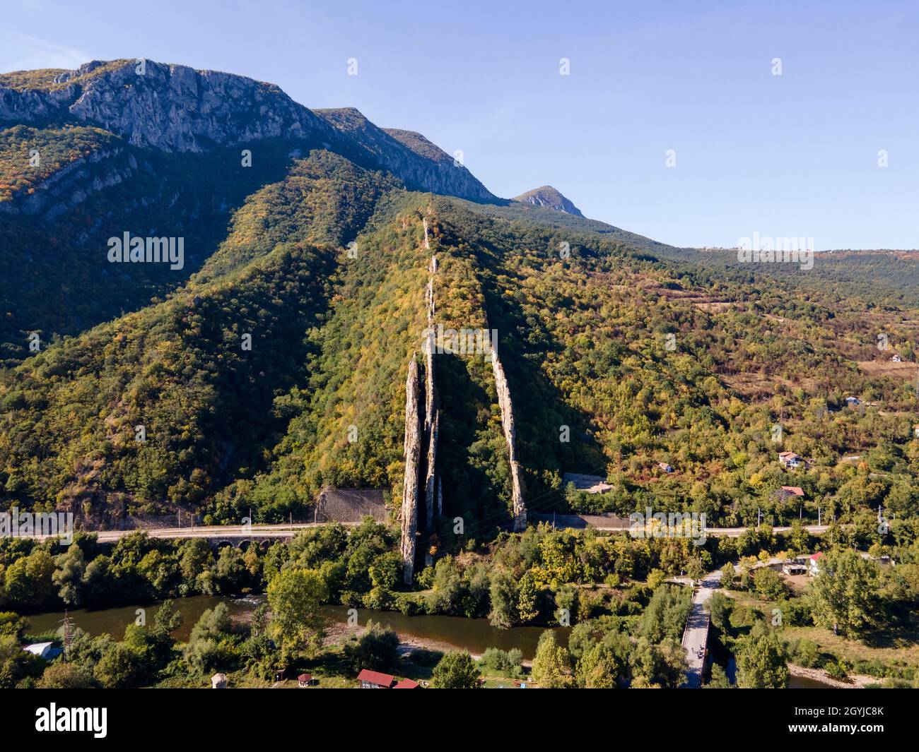 Aerial view of rock formations Ritlite at Iskar River Gorge, Balkan ...