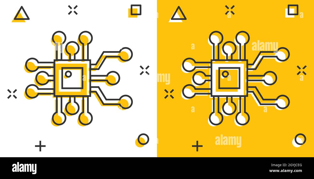 Computer chip icon in comic style. Circuit board cartoon vector illustration on white isolated background. Cpu processor splash effect business concep Stock Vector