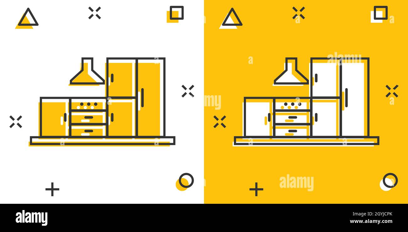 Kitchen furniture icon in comic style. Cuisine cartoon vector ...