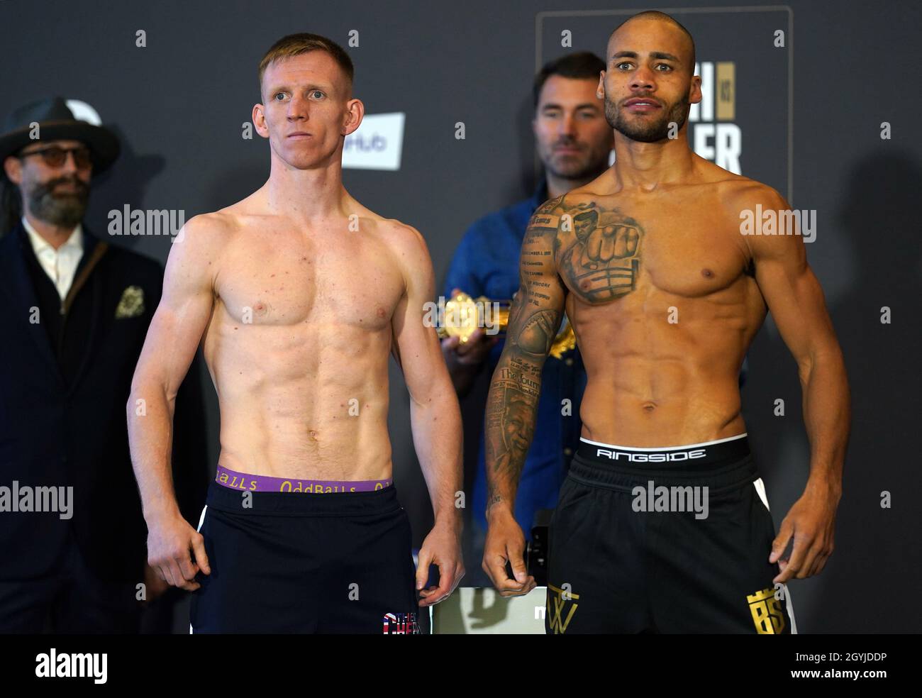 Ted Cheeseman and Troy Williamson during a public weigh-in at the Hilton Liverpool City Centre, UK. Picture date: Friday October 8, 2021. Stock Photo