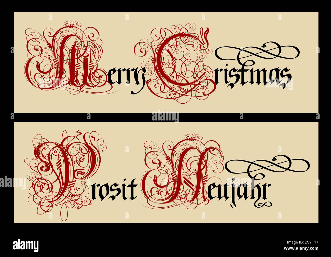 Gothic Christmas calligraphy. Uncial Fraktur. Translate: cheerful (merry) christmas. EPS-10 separated by groups and layers for easy edit Stock Vector