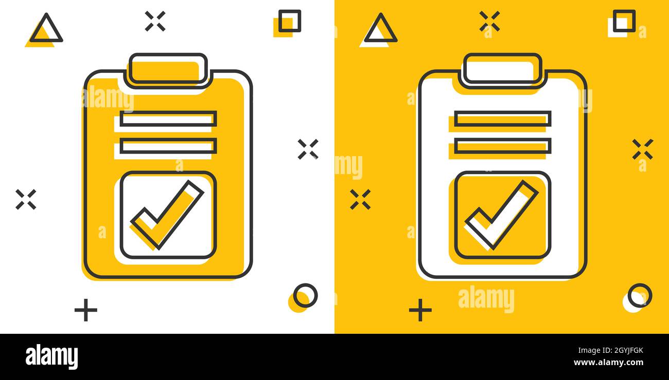 Document checkbox icon in comic style. Test cartoon vector illustration ...