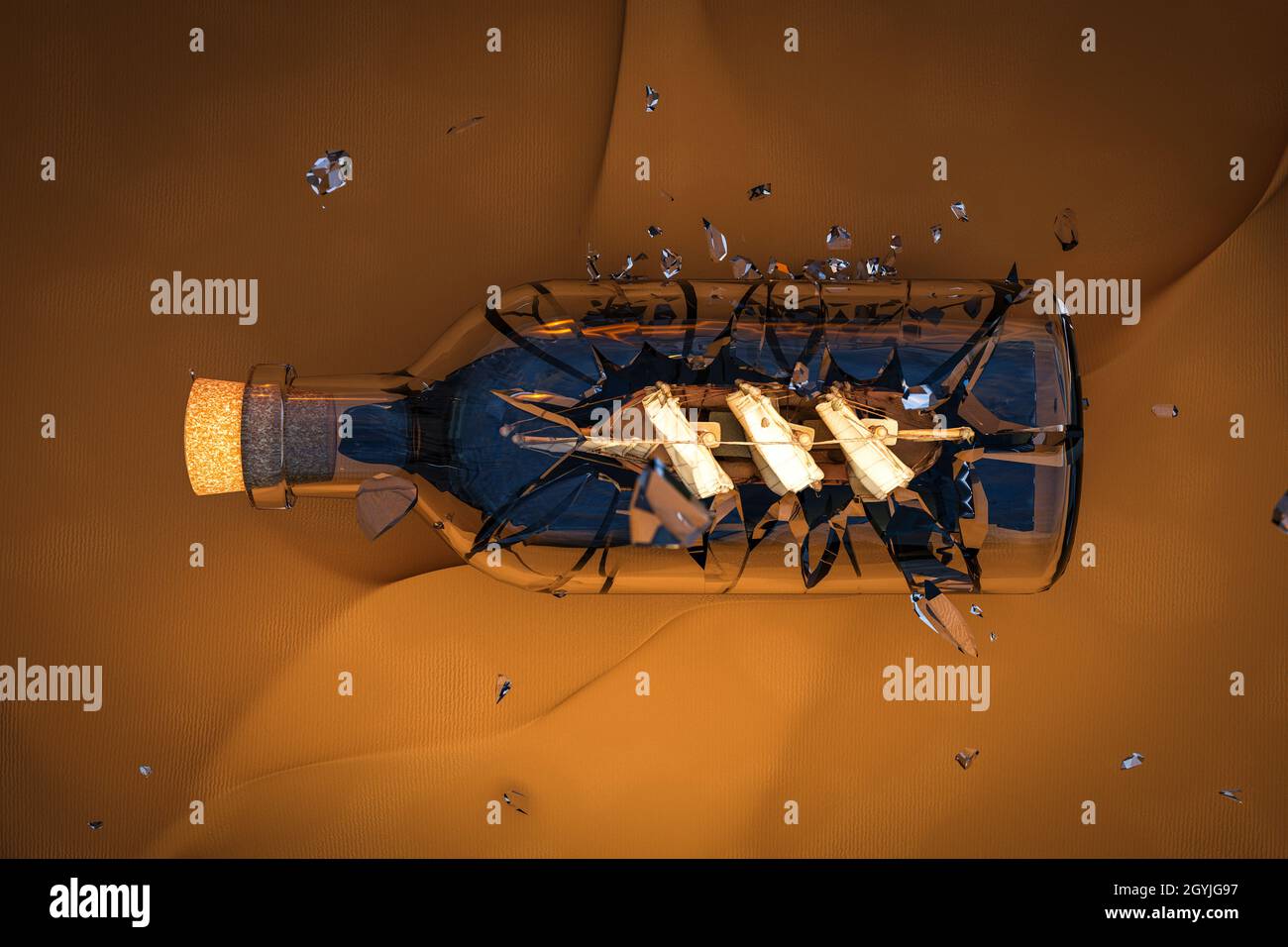 A ship in a bottle with its sails breaking the glass, Does not work