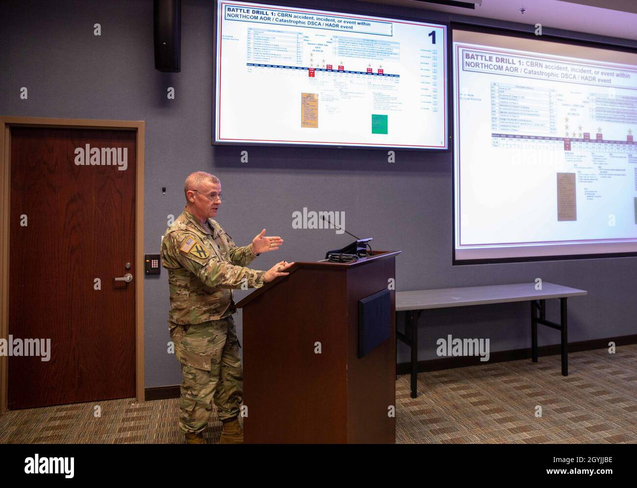 U.S. Army Lt. Col. Donald Thompson, Joint Task Force Civil Support (JTF-CS) current operations division chief, briefs JTF-CS and Defense Chemical, Biological, Radiological and Nuclear (CBRN) Response Force (DCRF) personnel during the command’s Exercise Sudden Response 2020 (SR20) staff academics conference, held at the command’s headquarters, Jan. 6-8. During the event, JTF-CS and DCRF personnel focused on major movements and friction points that would be encountered during the deployment and operation phases of SR20. (Official DoD photo by Mass Communication Specialist 3rd Class Michael Redd/ Stock Photo