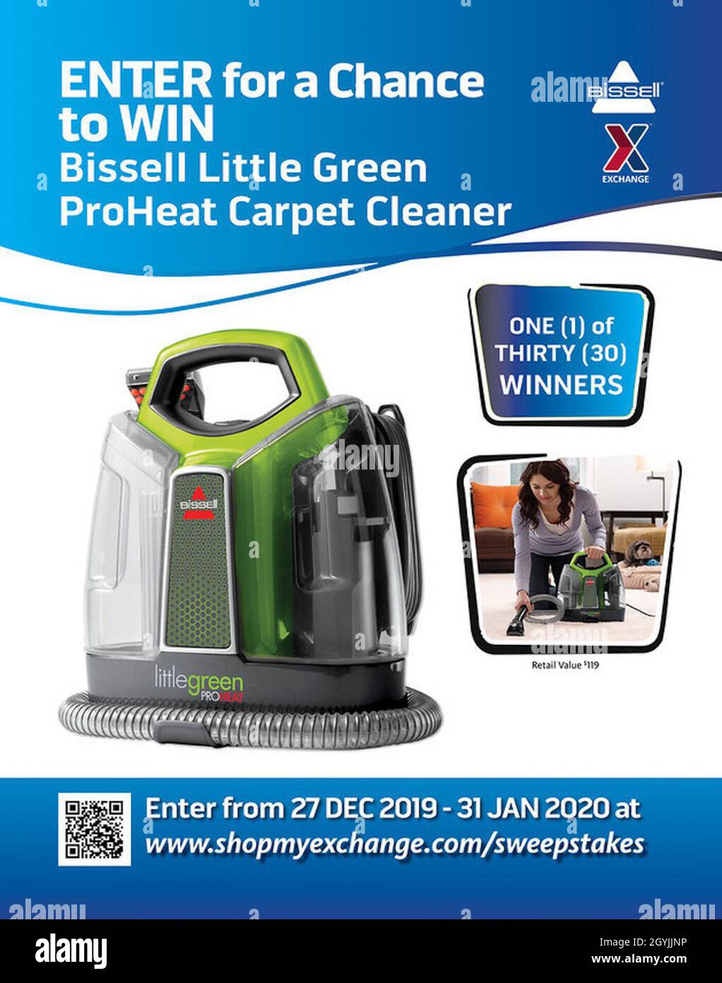 From Dec. 27 to Jan. 31, authorized shoppers age 18 and older—including honorably discharged Veterans—can visit ShopMyExchange.com/sweepstakes to enter to win one of 30 Bissell Little Green ProHeat carpet cleaners, valued at $119 each. Stock Photo