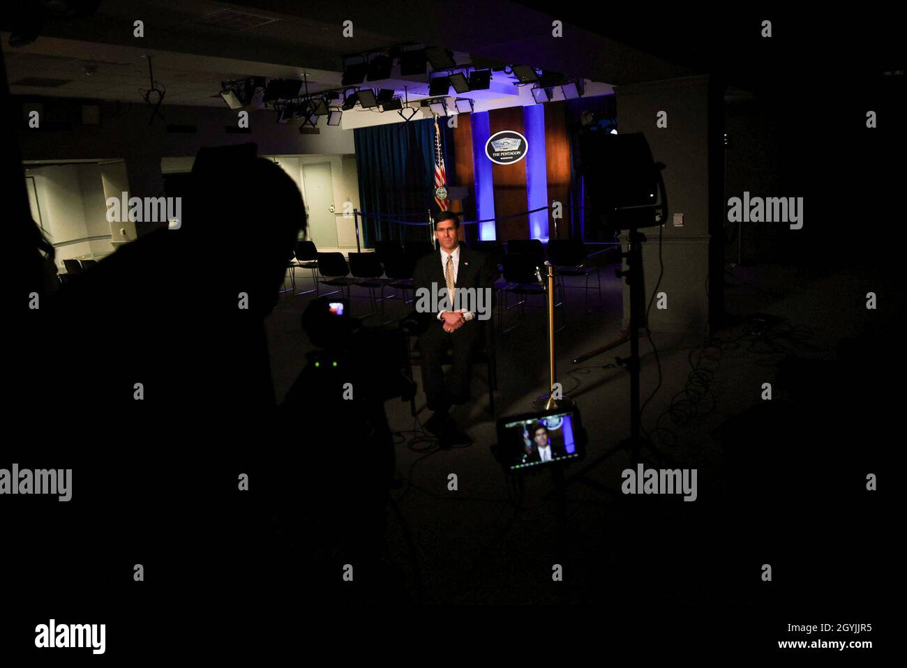 Defense Secretary Mark T. Esper sits for a video interview with CNN International's Christiane Amanpour, at the Pentagon, Washington, D.C., Jan. 7, 2020. (DoD photo by Navy Petty Officer 2nd Class James K. Lee) Stock Photo