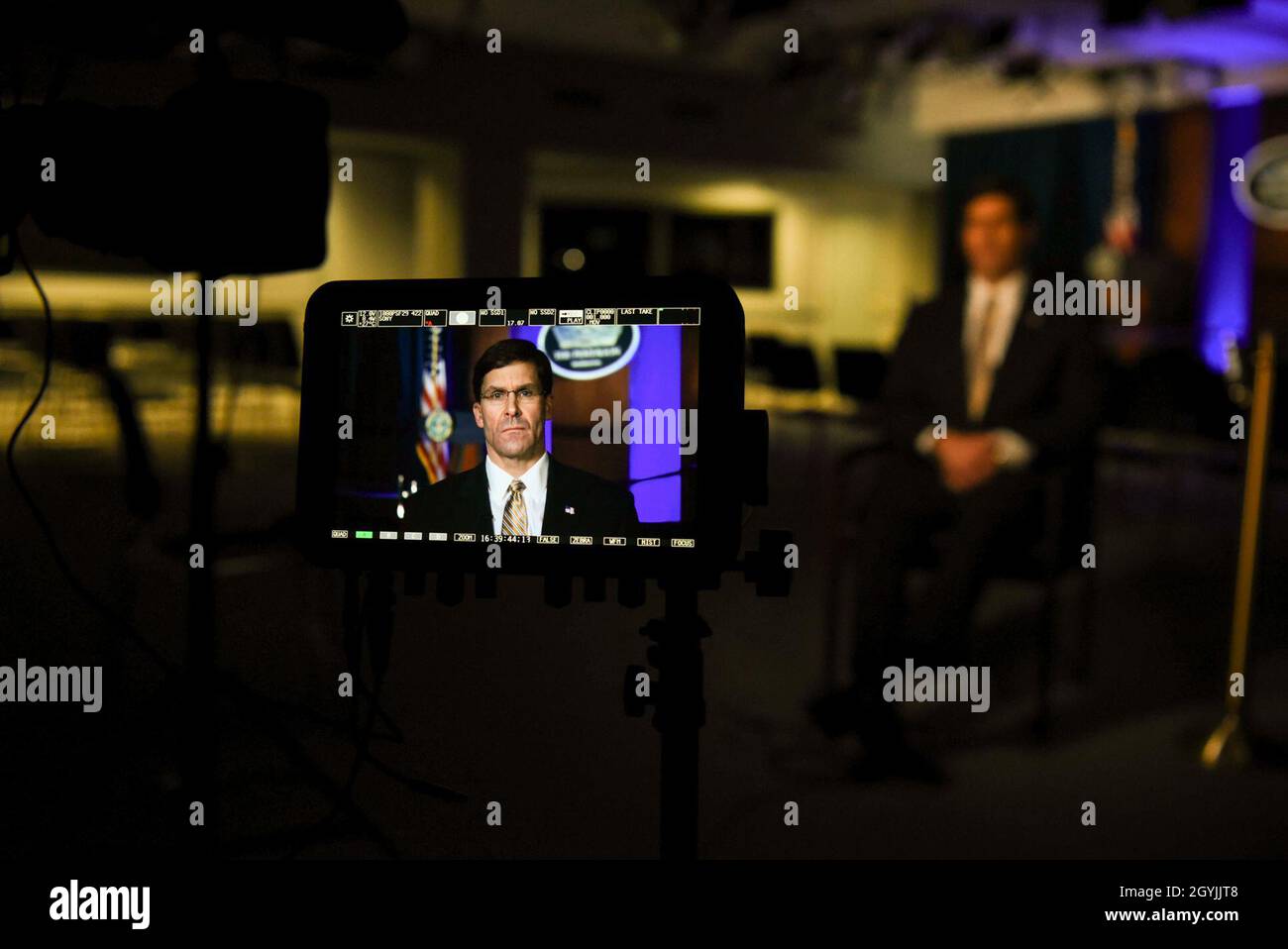 Defense Secretary Mark T. Esper sits for a video interview with CNN International's Christiane Amanpour, at the Pentagon, Washington, D.C., Jan. 7, 2020. (DoD photo by Navy Petty Officer 2nd Class James K. Lee) Stock Photo
