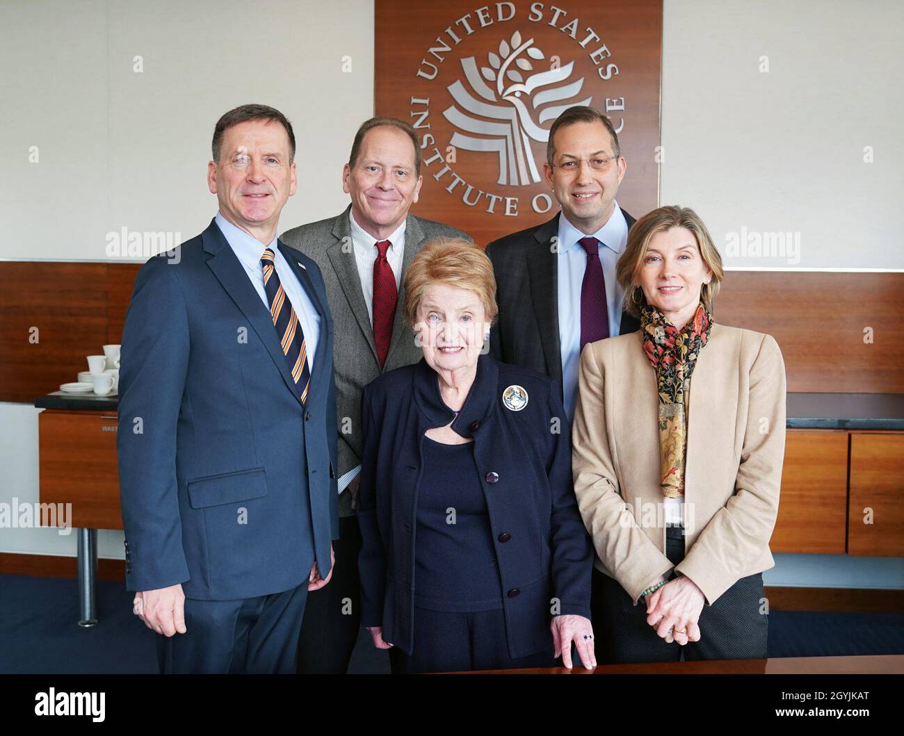 United States Agency for International Development Administrator Mark Green with United States Institute of Peace members and former United States Secretary of State Madeleine Albright before his keynote speech at 'A Governance Agenda for Preventing Violence in a Fractured World” conference. Stock Photo