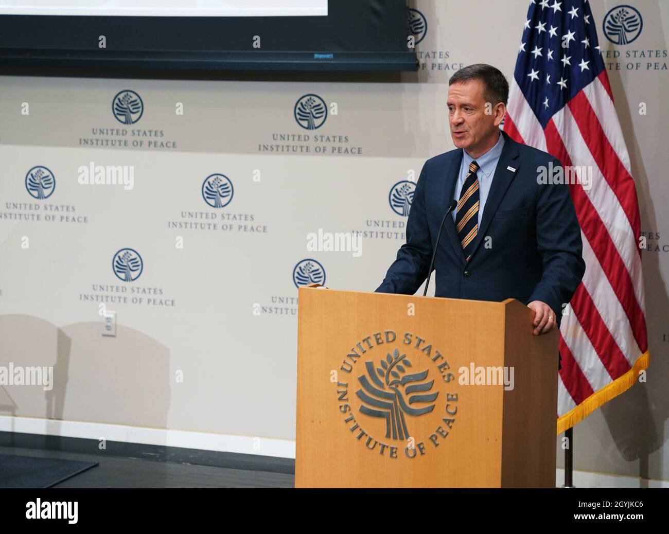 United States Agency for International Development Administrator Mark Green speaks about democracy and citizen responsive governance at the 'A Governance Agenda for Preventing Violence in a Fractured World” conference at the United States Institute of Peace. Stock Photo