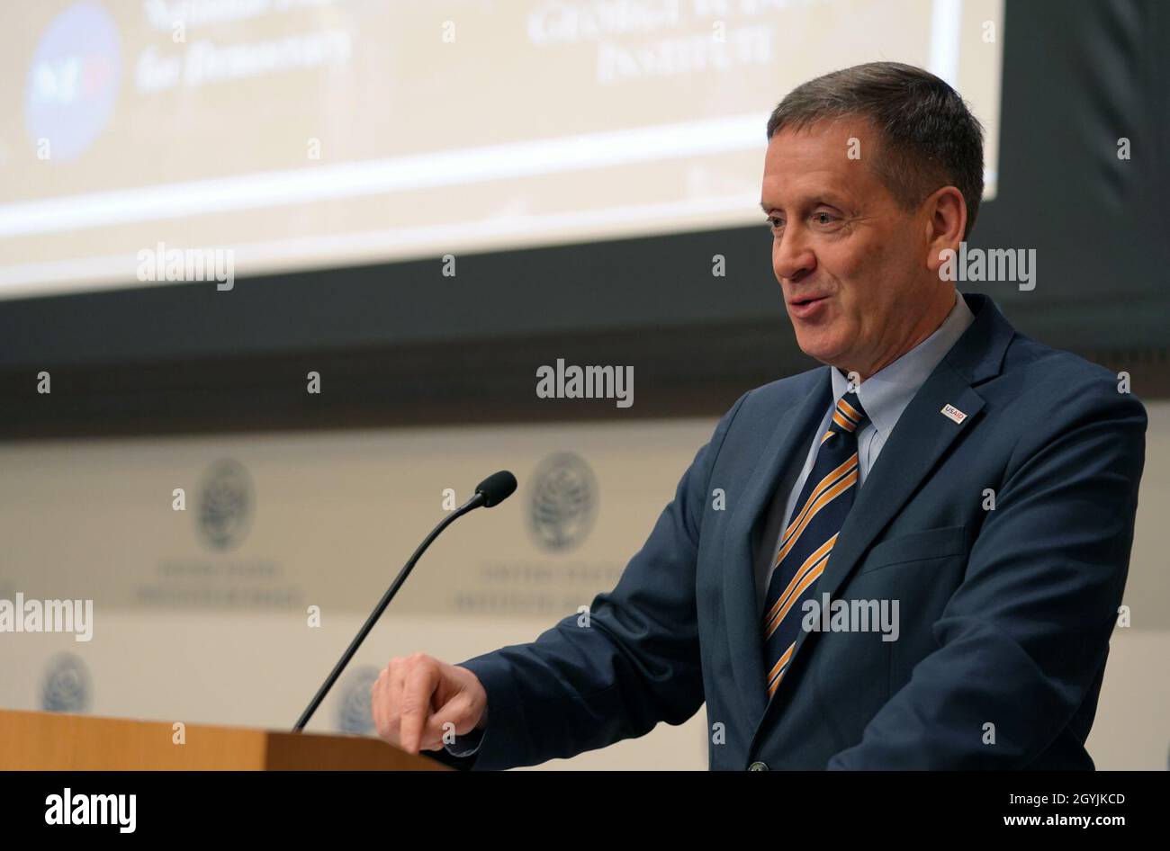 United States Agency for International Development Administrator Mark Green speaks about democracy and citizen responsive governance at the 'A Governance Agenda for Preventing Violence in a Fractured World” conference at the United States Institute of Peace. Stock Photo