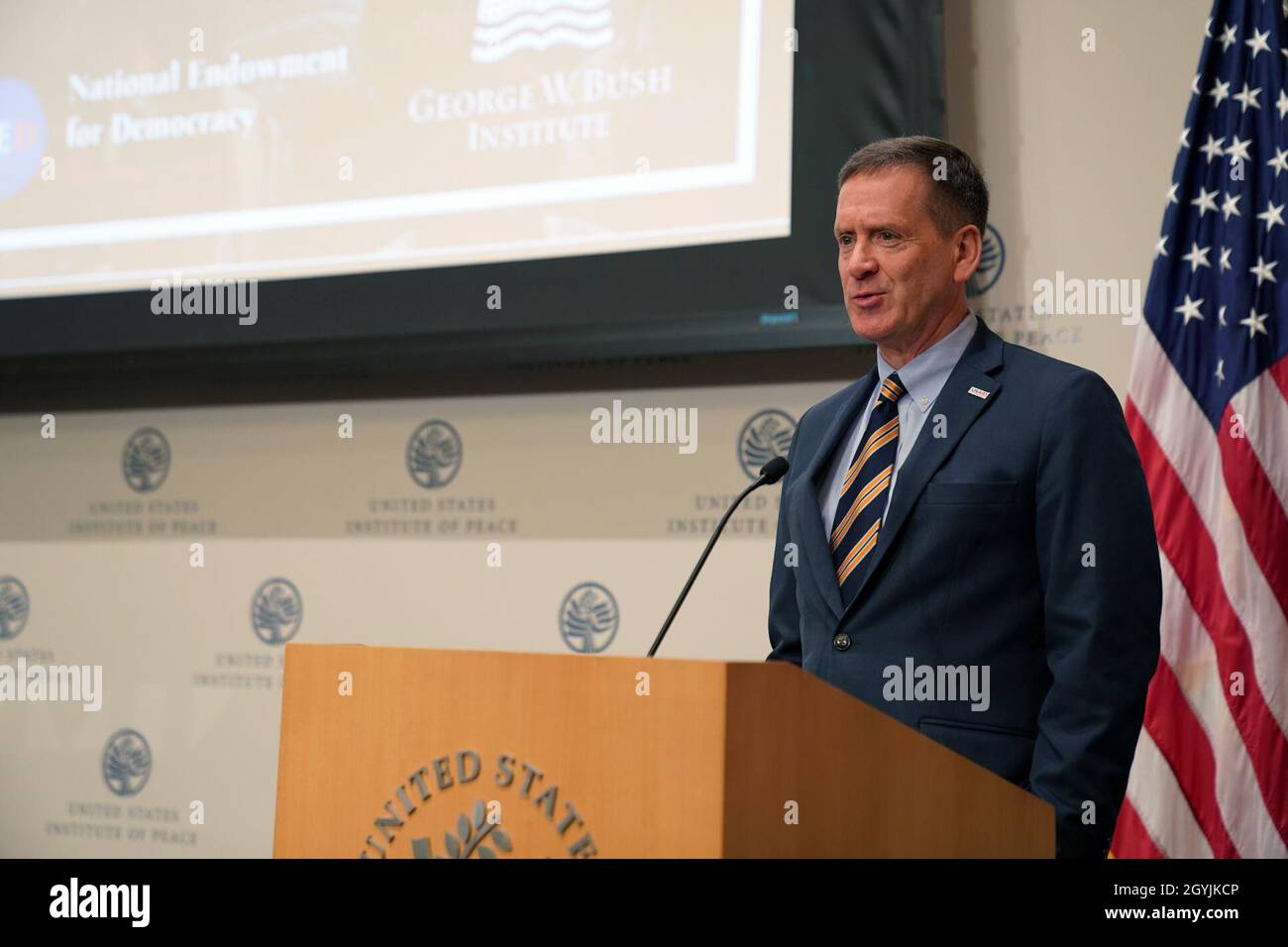 United States Agency for International Development Administrator Mark Green speaks about democracy and citizen responsive governance at the 'A Governance Agenda for Preventing Violence in a Fractured World” conference at the United States Institute of Peace. Stock Photo