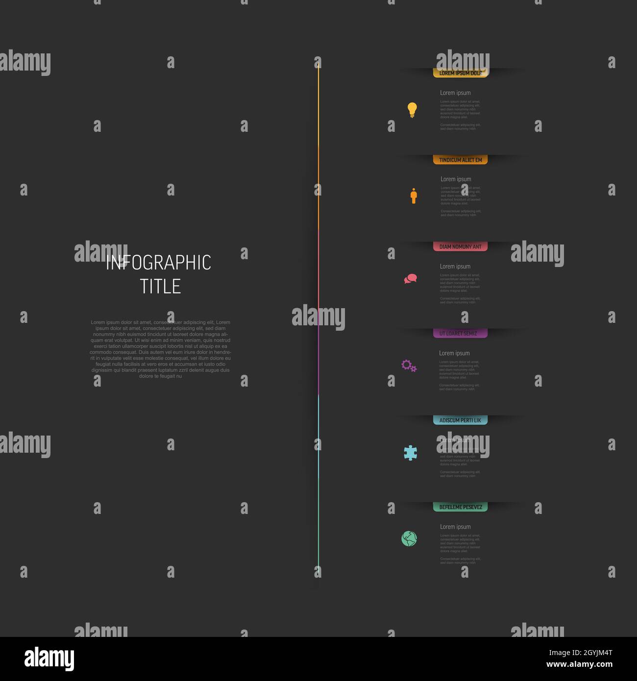 Dark multipurpose six vertical elements infographic with colored ...