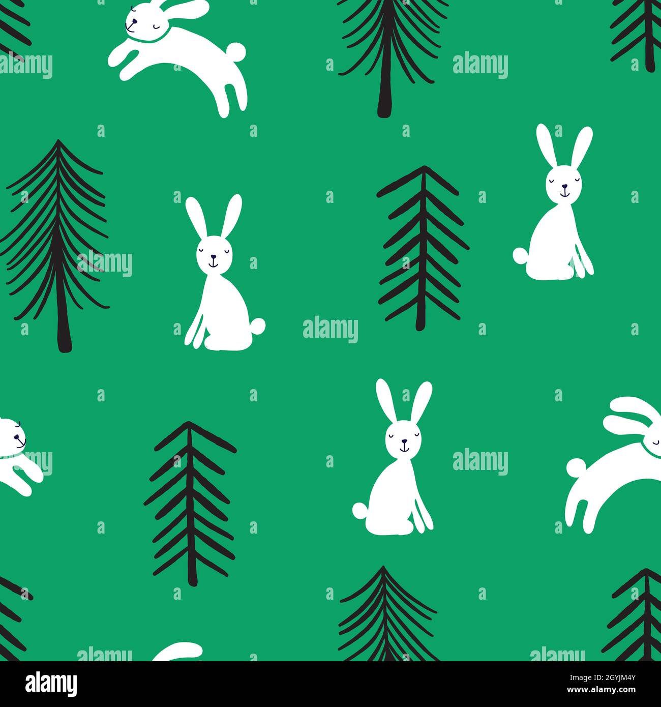 Childish seamless pattern with rabbit in the forest . Vector bunny ...