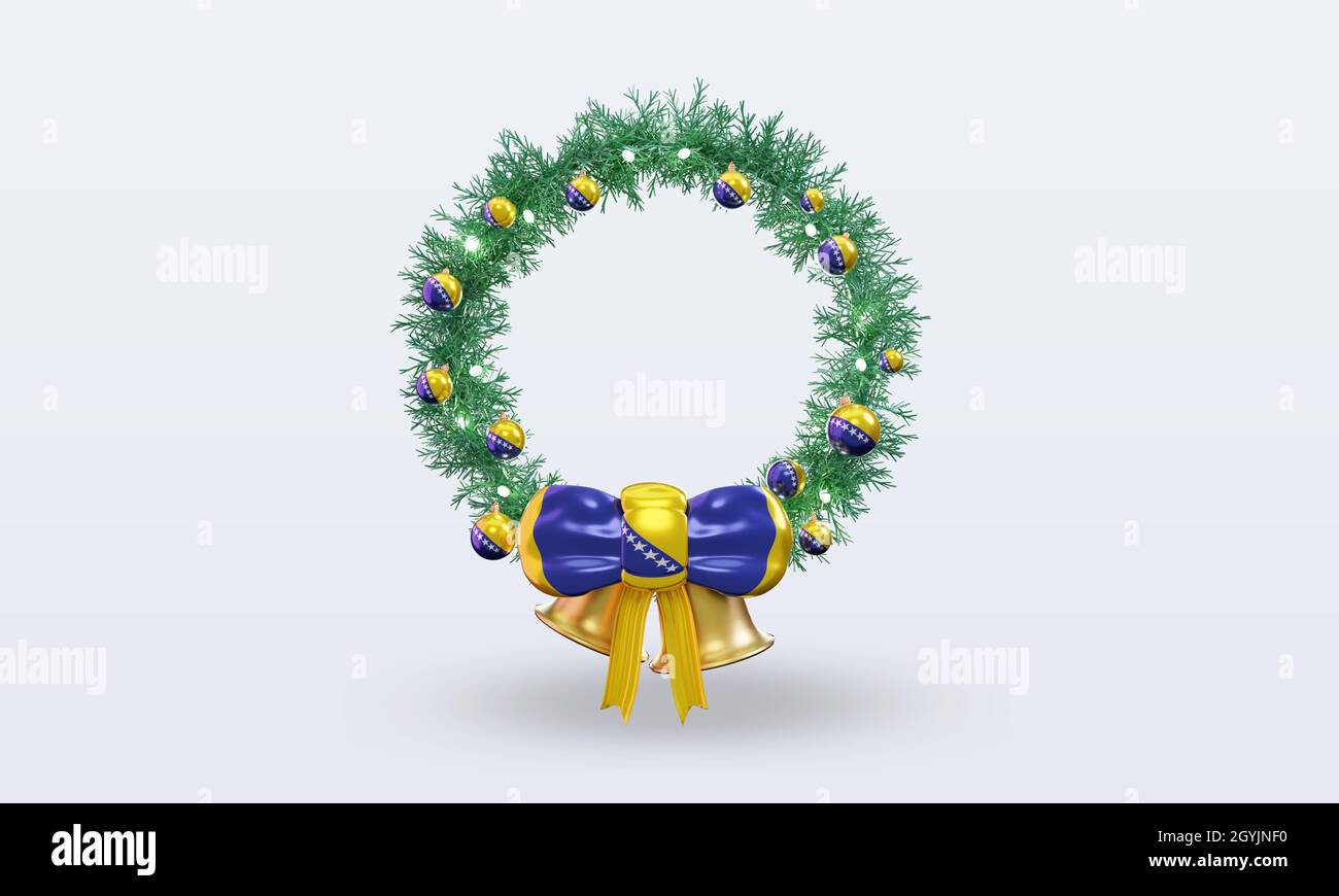 3d christmas wreath Bosnia and Herzegovina flag rendering front view