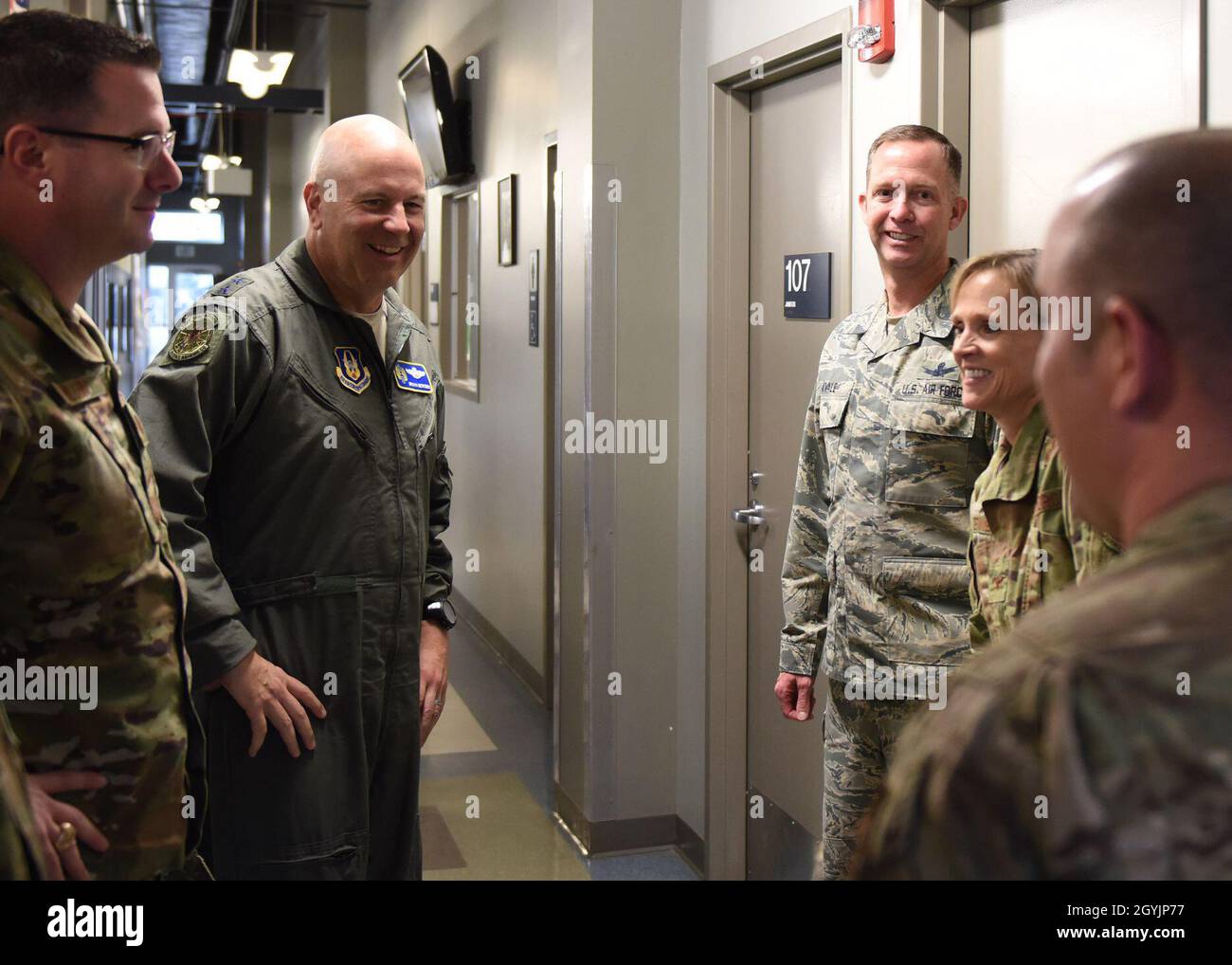 Maj. Gen. Brian Borgen, 10th Air Force commander, smiles while meeting members from the 710th Security Forces Squadron and 310th Mission Support Group at Buckley Air Force Base, Colo., Jan. 9, 2020. The 710th SFS was the last stop on a tour of units that are under Borgen’s command at Buckley. (U.S. Air Force photo by Airman 1st Class Haley N. Blevins) Stock Photo
