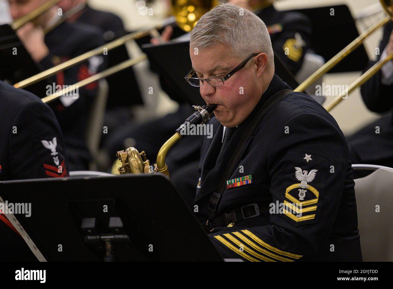 NEW ORLEANS (Jan. 10, 2020) Senior Chief Musician Robert Holmes, from McLean, Va., performs with the U.S. Navy Band Commodores jazz ensemble during the 11th annual Jazz Education Network Conference in New Orleans. The Navy Band presented clinics and performances at the conference, connecting with music students, educators and performers. (U.S. Navy photo by Senior Chief Musician Adam Grimm/Released) Stock Photo
