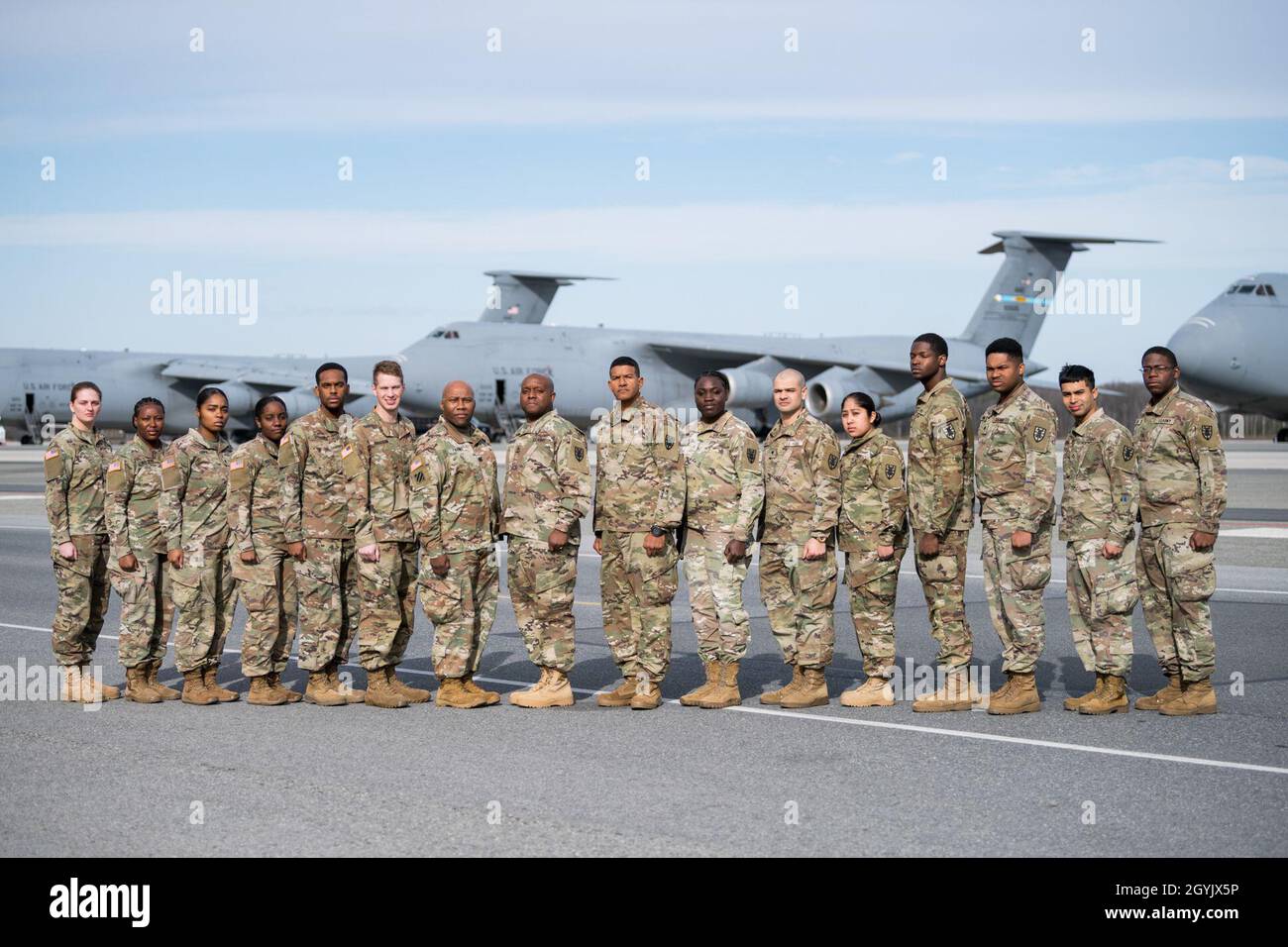 Members of the Army’s 622nd Movement Control Team, Joint Base Langley-Eustis, Va., pose for a photo Jan. 10, 2020, on Dover Air Force Base, Del. Sixteen members from the 622nd MCT came to Dover AFB for cargo and personnel processing training. (U.S. Air Force photo by Roland Balik) Stock Photo