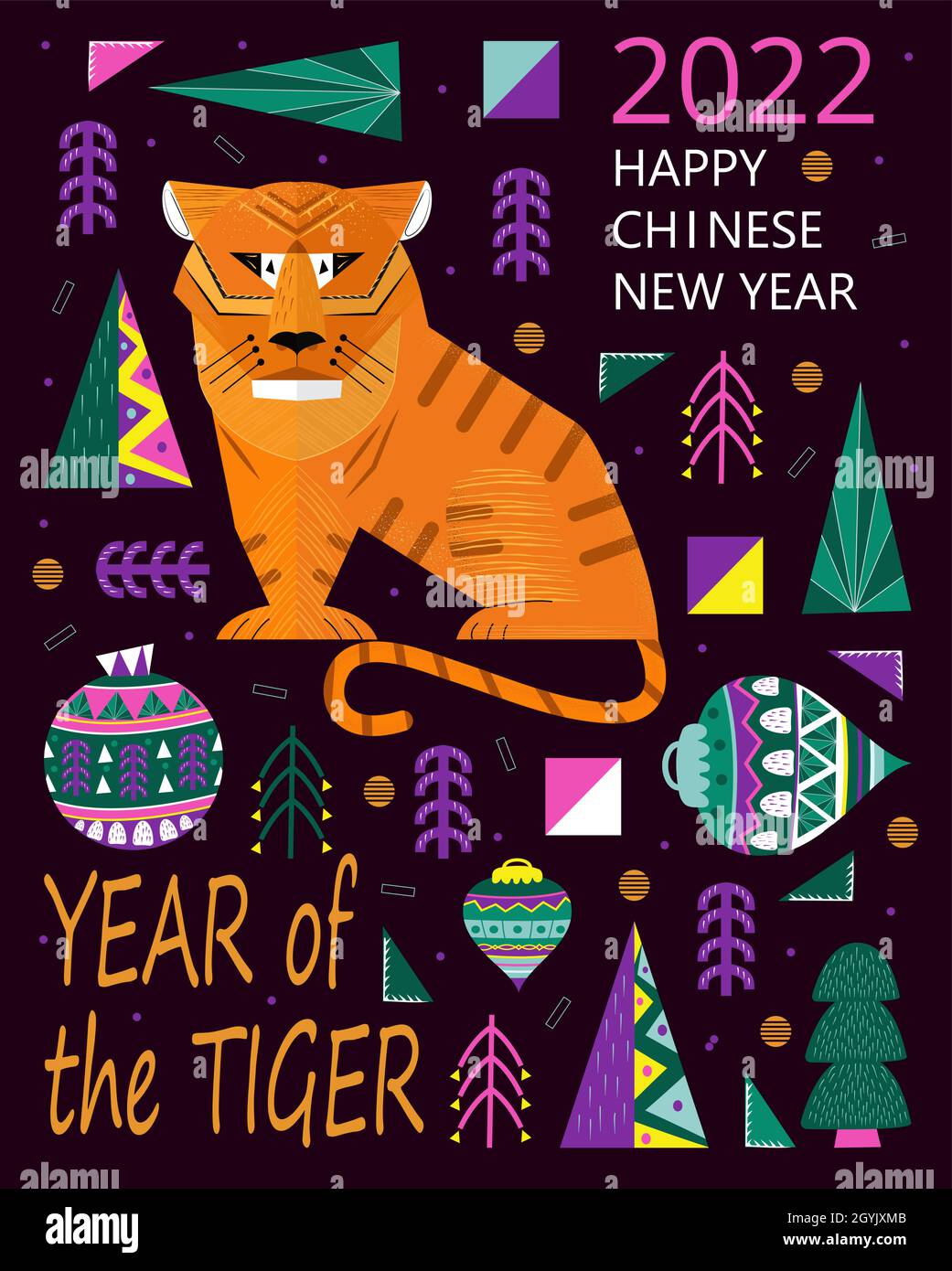 Happy Chinese Tiger New Year 2022 banner vector. Geometrical trees, fir