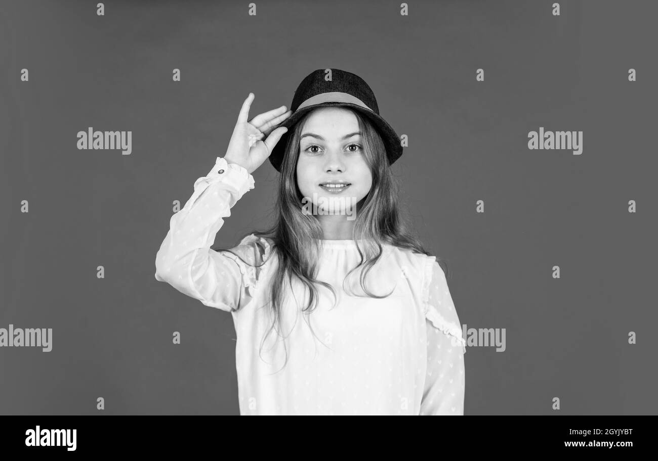 Feeling fancy. Child long hair wear hat. Accessories shop. Outfit