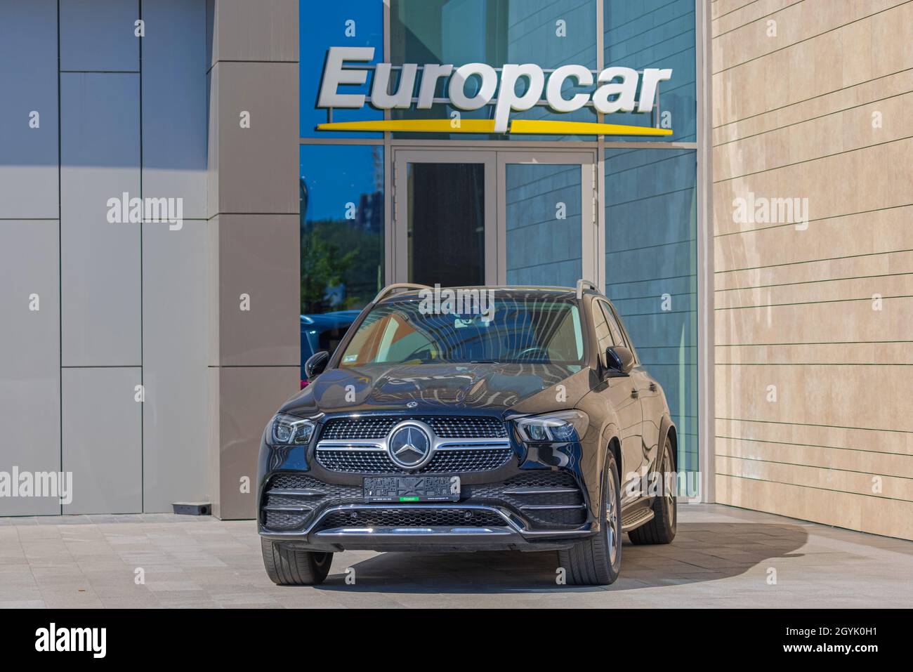 Belgrade, Serbia October 04, 2021 New Mercedes Benz Suv in Front of Europcar Rental Agency at