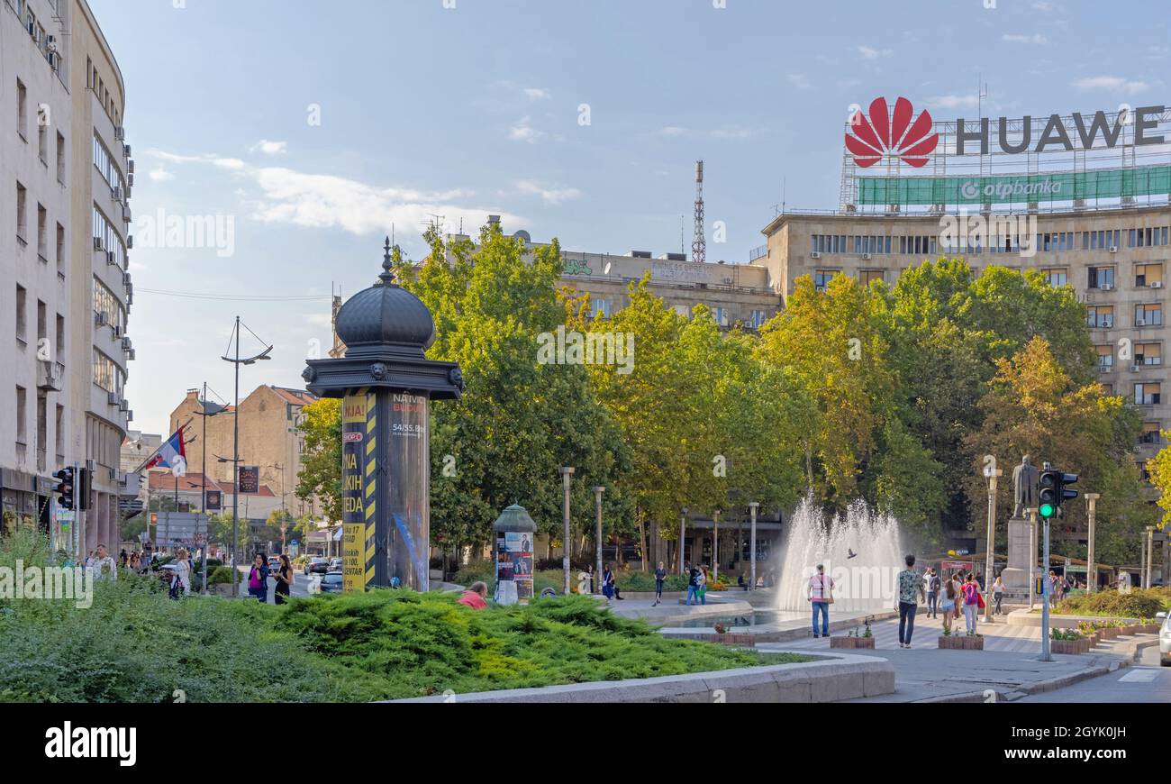 Belgrade, Serbia - September 06, 2021: Big Water Fountain at Nikola Pasic Square Summer Day. Stock Photo