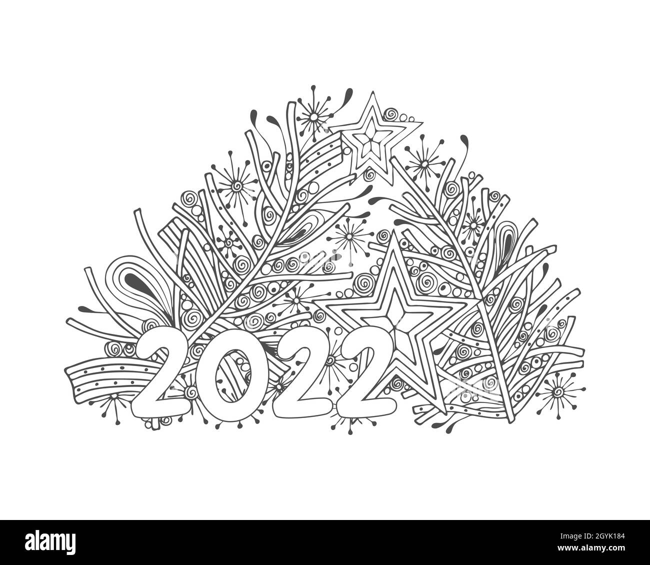 2022 New Years Christmas zentangle star tree balls, hand drawing, contour, silhouette, for festive design, postcard, banner, congratulations, for coloring. Vector illustration Stock Vector
