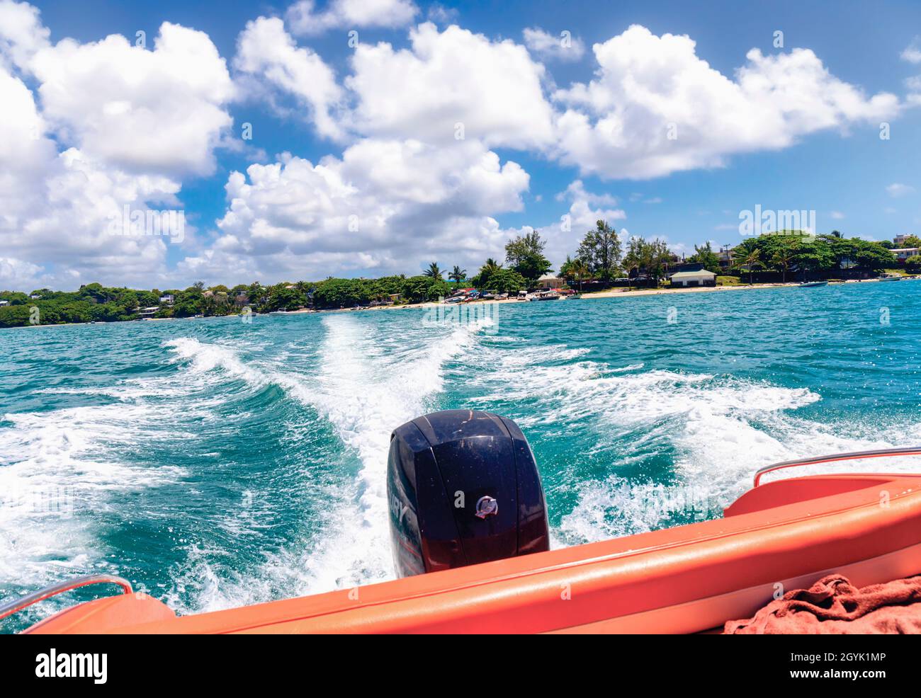 Speed boat trip to Île Aux Cerfs, or Deer Island, Mauritius, Mascarene Islands. Stock Photo