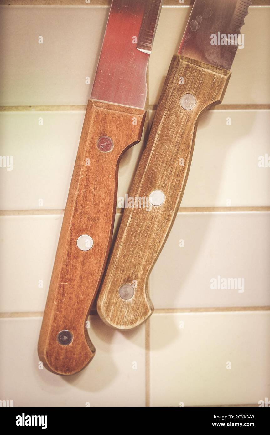 Kitchen knives with wooden handles Stock Photo Alamy