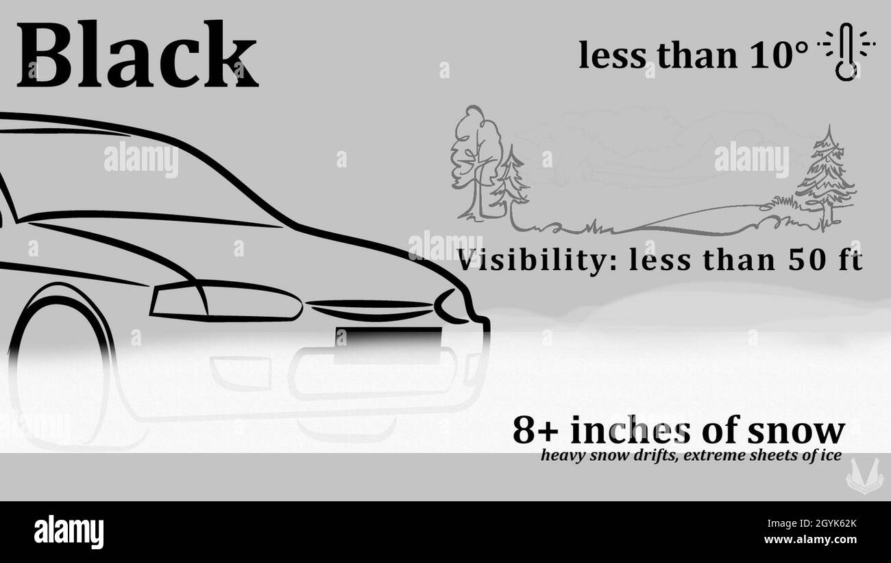 Road Condition Black at Ramstein Air Base represents extremely hazardous to dangerous road conditions, and is typically accompanied by an early release or delayed reporting. As the most severe condition, some of the hazards that may call for a change to Black are temperatures less than 10 degrees Fahrenheit, more than eight inches of snow, extreme sheets of ice, heavy snow drifts, and reduced visibility of less than 50 feet. (U.S. Air Force graphic by Staff Sgt. Kirsten Brandes) Stock Photo