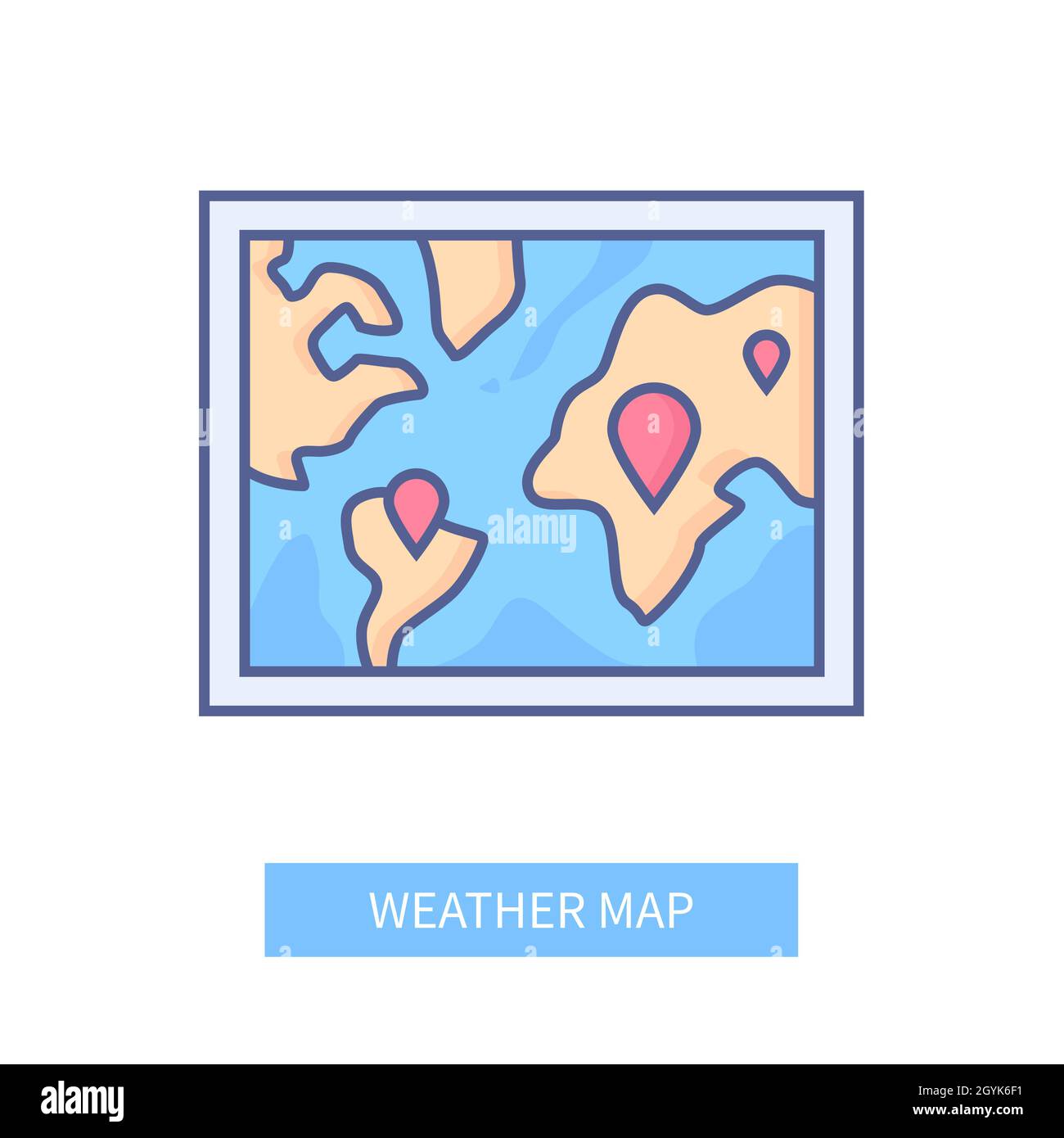 Weather map - modern line design style icon on white background. Neat detailed image of wall picture or TV screen with continents, ocean and marked lo Stock Vector