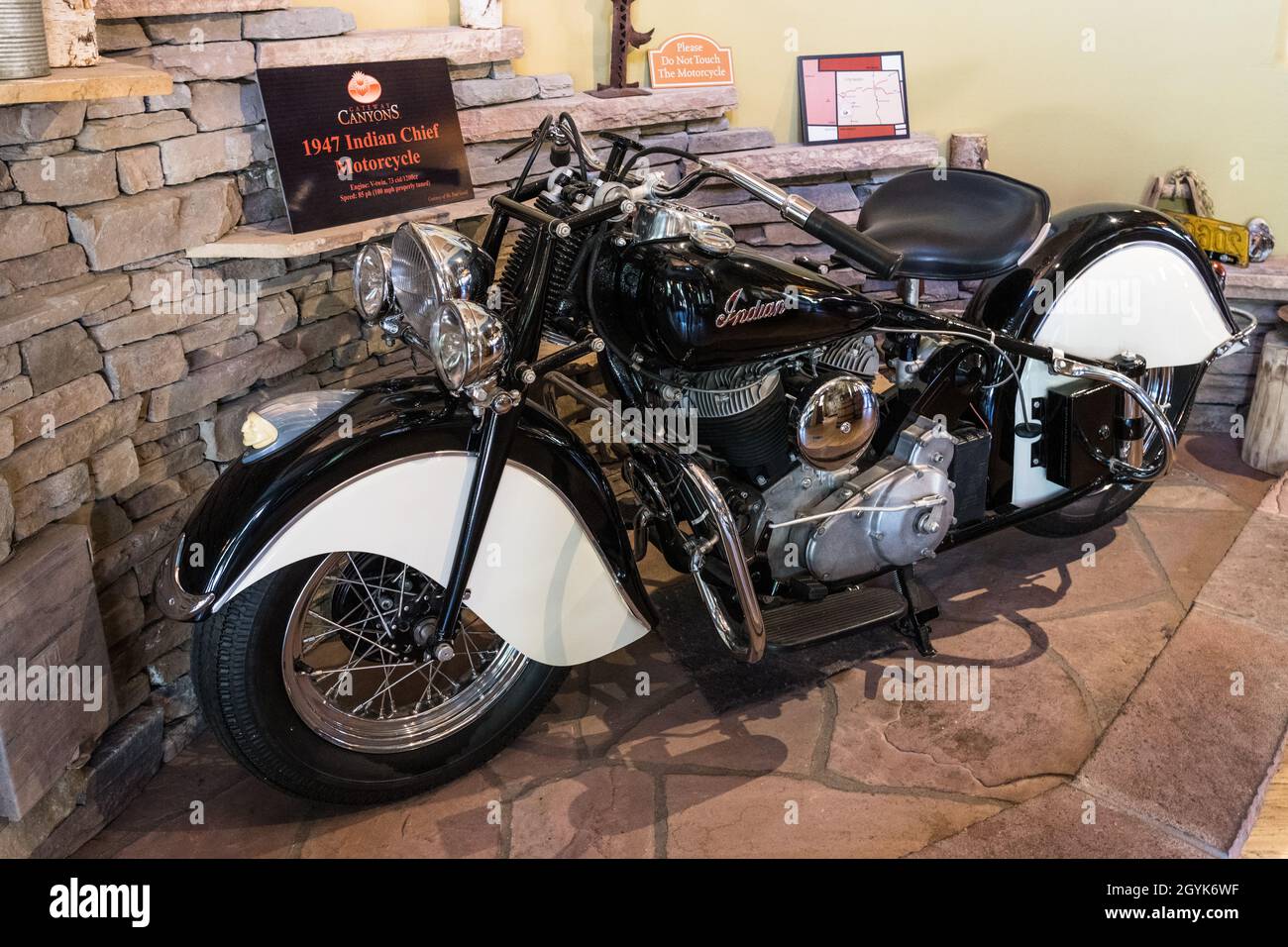 A classic 1947 Indian Chief motorcycle on display in a restaurant in ...