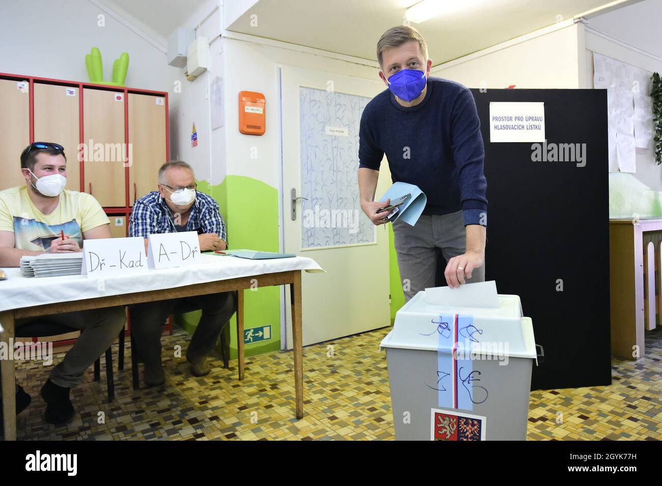 Kolin, Czech Republic. 08th Oct, 2021. Chairman of the Czech political  party STAN (The Mayors and Independents ), votes during elections to the  Chamber of Deputies of the Parliament of the Czech
