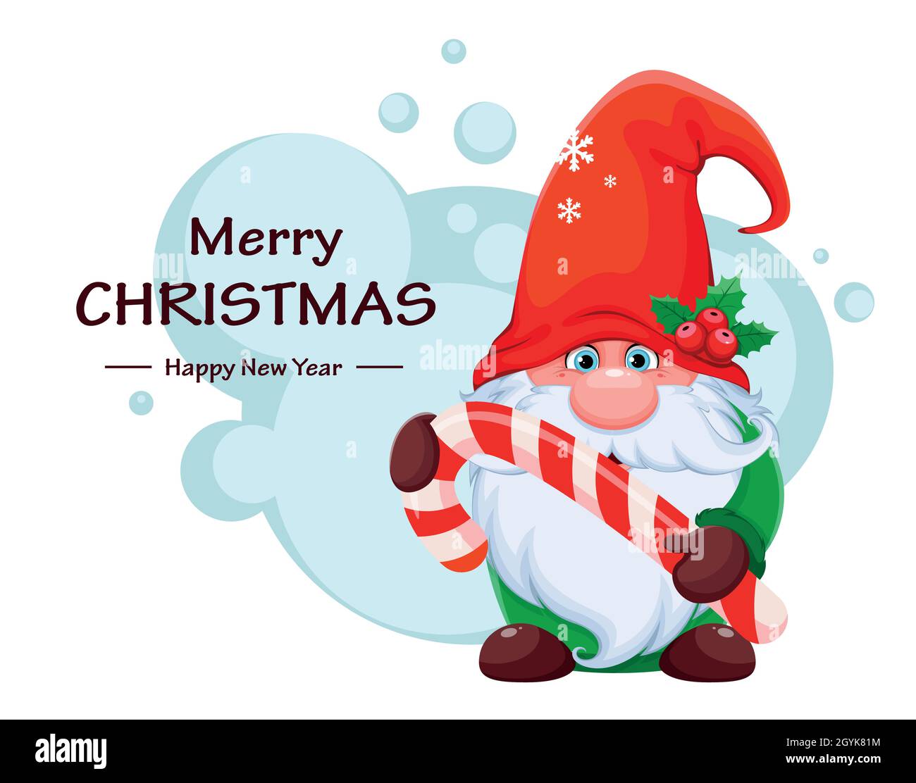 Merry Christmas And Happy New Year Greeting Card With Funny Gnome Holding Candy Cane Cute Dwarf In Red Hat Cartoon Character Stock Vector Illustrati Stock Vector Image Art Alamy