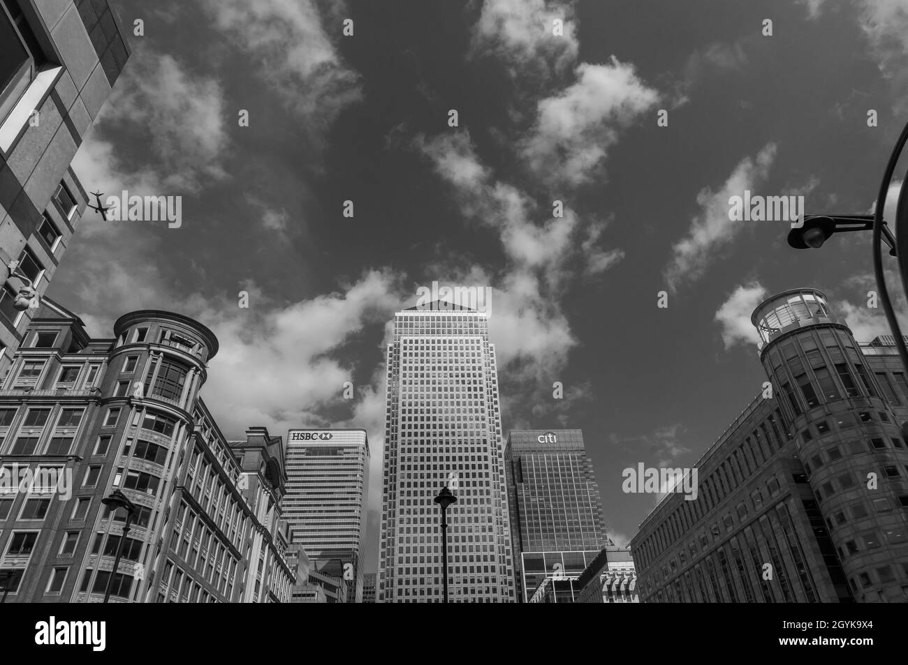 Low angle view of Canary Wharf skyscrapers Stock Photo