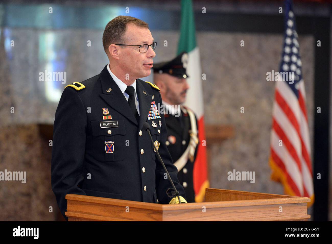 Brig. Gen. Eric Folkestad, U.S. Army Africa deputy commanding general, delivers his remarks during the Italian Base designation of responsibility ceremony at Caserma C. Ederle in Vicenza, Italy, January 16, 2020. (U.S. Army Photos by Paolo Bovo) Stock Photo