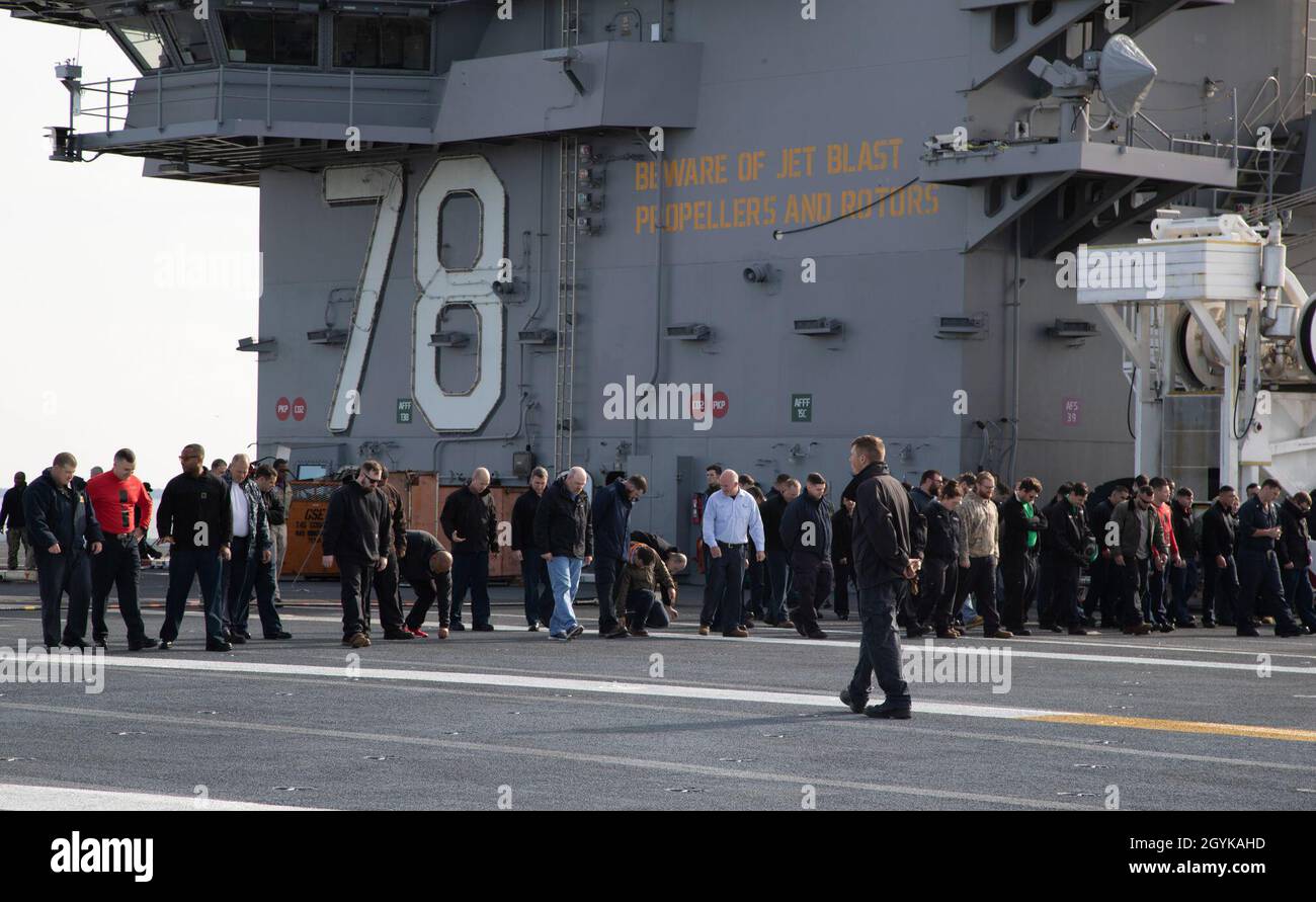 ATLANTIC OCEAN (Jan. 16, 2020) Sailors perform a foreign object debris ...