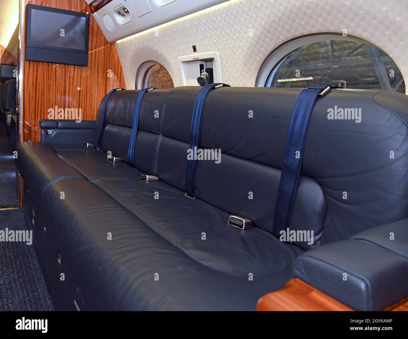 The cabin area of a C-37B Gulfstream 550 aircraft assigned to the 99th Airlift Squadron on Joint Base Andrews, Maryland Jan. 16, 2020. The 99th AS flies approximately 400 missions each year transporting senior civilian and military leaders around the world. (U.S. Air Force photo by Tech. Sgt. Kentavist P. Brackin) Stock Photo
