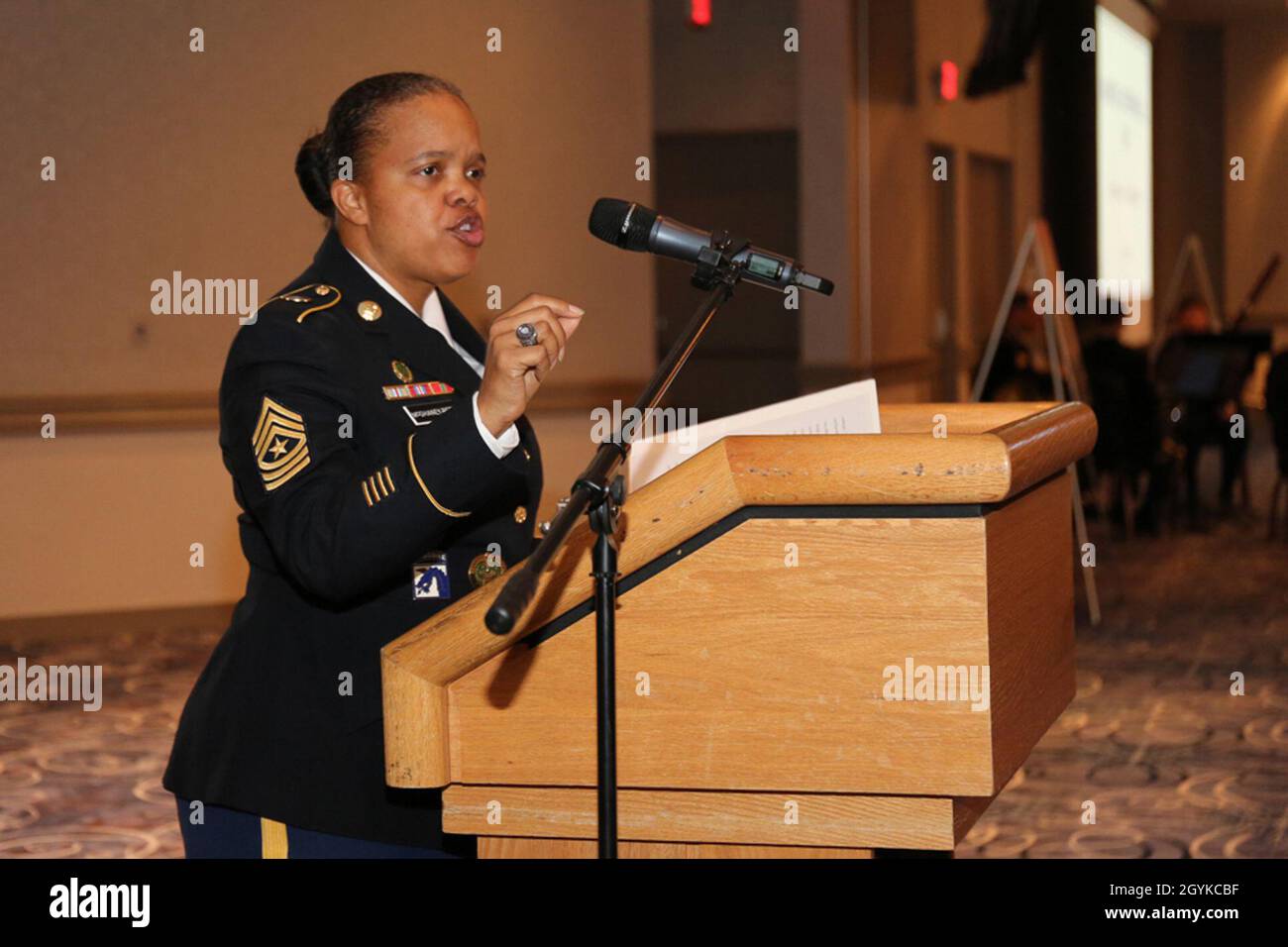 Sgt. Maj. Kimberly D. McGhaney-Reed, assigned to the U.S. Army Japan Inspector General Office, gives remarks as the keynote speaker at the Martin Luther King Jr. Day observance held Jan. 16 at the Camp Zama Community Club. Stock Photo