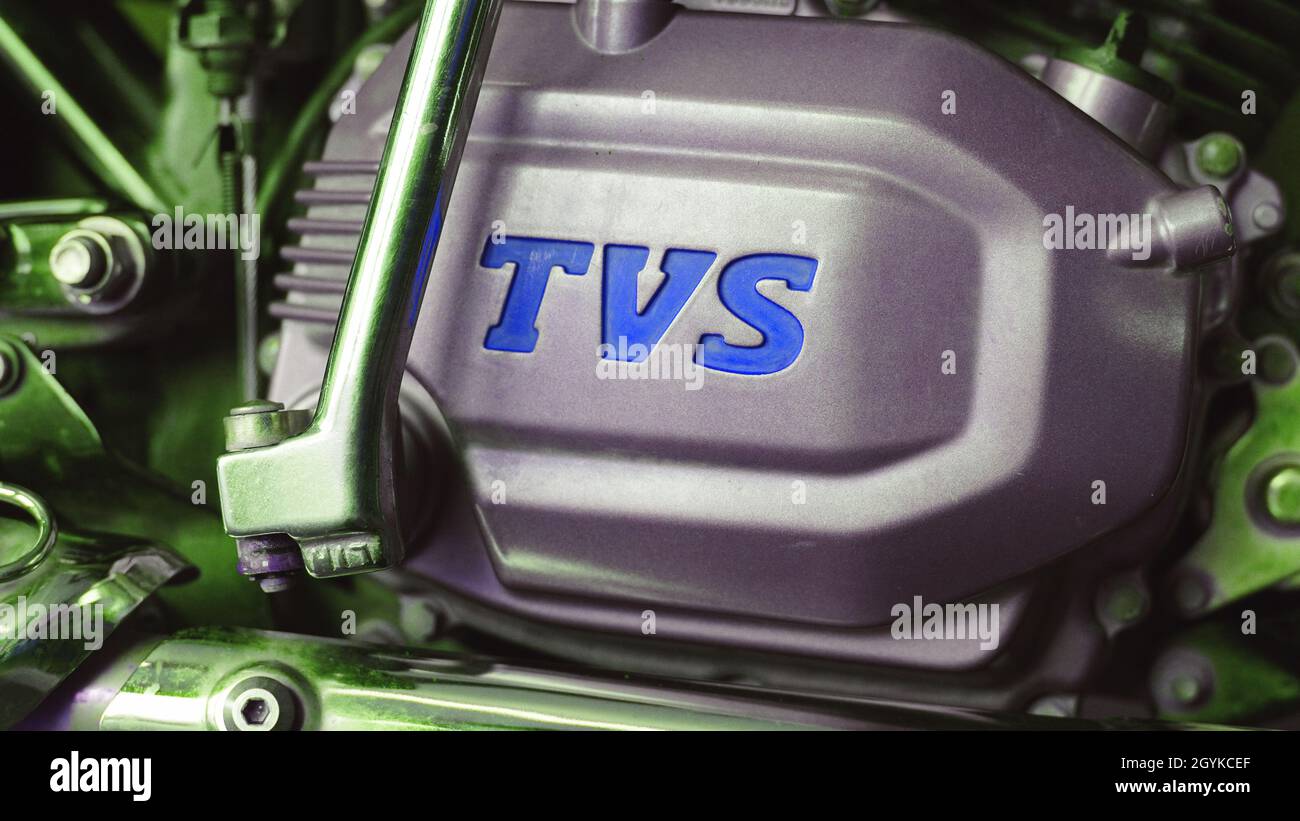 05 October 2021 Reengus, Rajasthan, India. Picture of a TVS motorcycle Radeon engine with its logo. Stock Photo