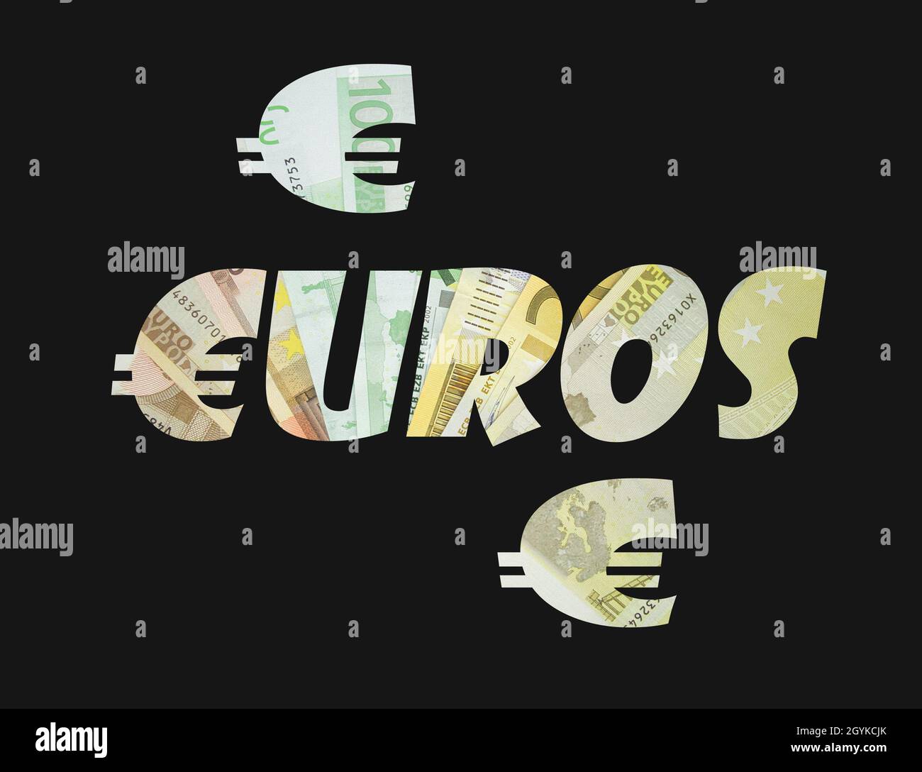 "Euros" writing and symbols with banknotes inside on a black background
