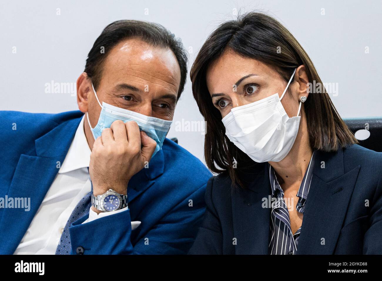 Turin, Italy. 08th Oct, 2021. Mara Carfagna (R), Minister for the South and territorial cohesion, speaks with Alberto Cirio, President of Piedmont, during a press conference part of her institutional visit to Turin. Credit: Nicolò Campo/Alamy Live News Stock Photo